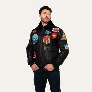 TOP GUN Men’s Genuine Leather Top Gun Bomber Jacket with Patches extra large